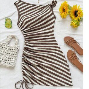 Soleia Women's Vacation Lively Red & White Striped Asymmetrical Neck Twist Side